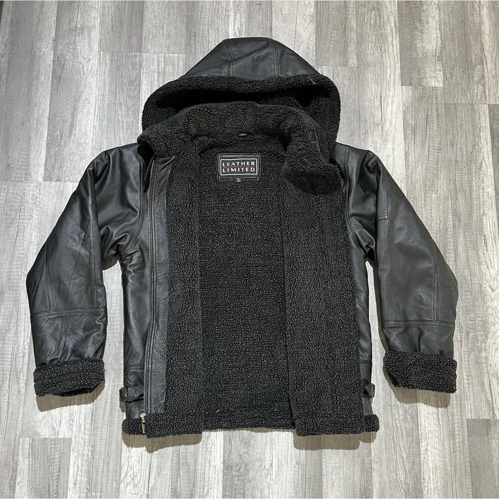 Leather Limited Mens XL Black Leather Sherpa Lined Hooded Bomber Jacket Aviator